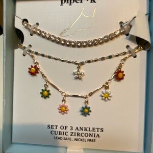 Red and Pink Flower Charm Bracelet Set with Delicate Chain